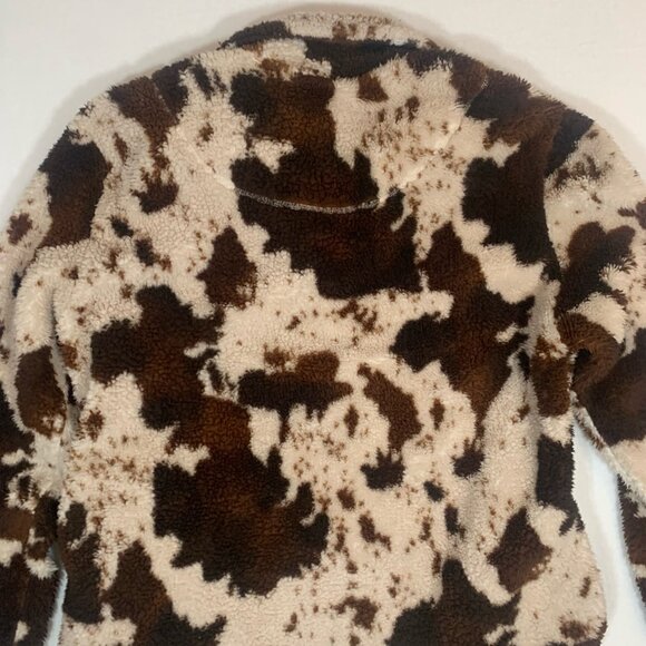 Brown Cow Print Sherpa Quarter Zip Pockets Ladies Sz XL Jacket - Picture 2 of 6